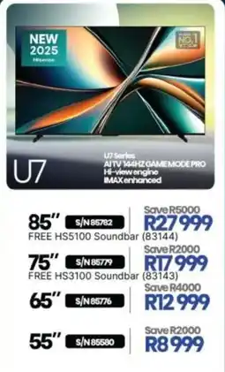 Hirsch's Hisense 65" U7 Series AI TV 144HZ Game Mode Pro offer