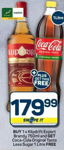 Pick n Pay Hypermarket Klipdrift Export Brandy 750ml + Coca-Cola Original Taste Less Sugar 1L offer