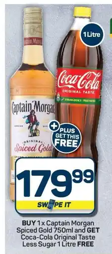 Pick n Pay Hypermarket Captain Morgan Spiced Gold 750ml + Coca-Cola Original Taste Less Sugar 1 Litre offer