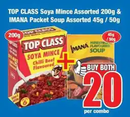 Boxer TOP CLASS Soya Mince Assorted 200g & IMANA Packet Soup Assorted 45g / 50g offer