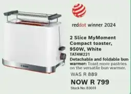 Hirsch's Bosch 2 Slice MyMoment Compact toaster, 950W, White offer