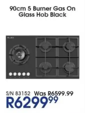 Hirsch's ELBA 90cm 5 Burner Gas On Glass Hob Black offer