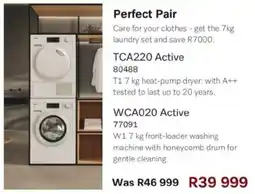 Hirsch's Miele Perfect Pair T1 heat-pump dryer with A++/ W17 kg front-loader washing machine with honeycomb drum for gentle cleaning offer