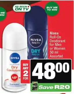 KwikSpar Nivea Roll-On Deodorant for Men or Women Assorted offer