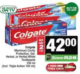 KwikSpar Colgate Maximum Cavity Protection, Gel, Herbal, or Herbal White Toothpaste offer