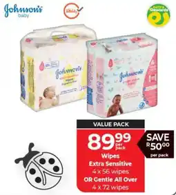 Baby City Johnson's Wipes Extra Sensitive wipes OR Gentle All Over wipes offer