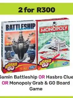 Game Gamin Battleship OR Hasbro Clue OR Monopoly Grab & GO Board Game offer