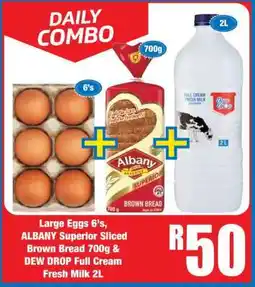 Boxer Large Eggs 6's, ALBANY Superior Sliced Brown Bread 700g & DEW DROP Full Cream Fresh Milk 2L offer