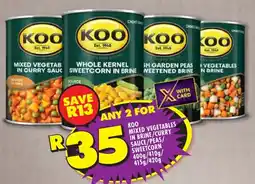 Shoprite Koo mixed vegetables in brine/ curry sauce/ peas/ sweetcorn offer