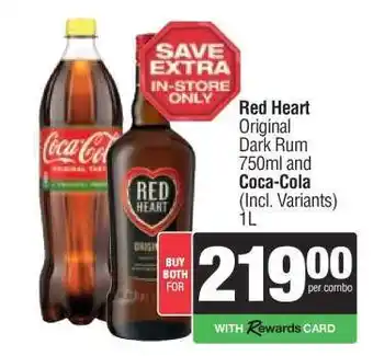 Spar Tops Red Heart Original Dark Rum 750ml and Coca-Cola 1L offer