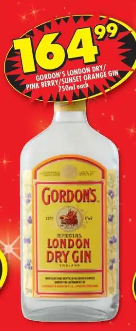 Shoprite GORDON'S LONDON DRY/PINK BERRY/SUNSET ORANGE GIN offer