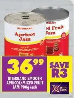 Shoprite RITEBRAND SMOOTH APRICOT/MIXED FRUIT JAM 900g each offer