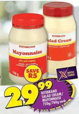 Shoprite RITEBRAND SALAD CREAM/MAYONNAISE 750g/760g offer