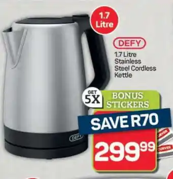 Pick n Pay Hypermarket DEFY 1.7 Litre Stainless Steel Cordless Kettle offer