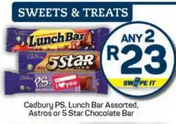 Pick n Pay Cadbury PS, Lunch Bar Assorted, Astros or 5 Star Chocolate Bar offer