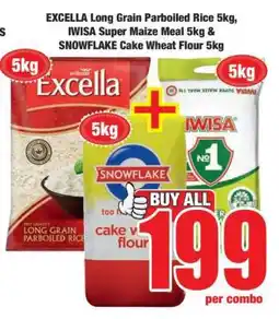 Boxer EXCELLA Long Grain Parboiled Rice 5kg, IWISA Super Maize Meal 5kg & SNOWFLAKE Cake Wheat Flour 5kg offer