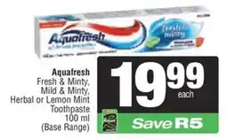KwikSpar Aquafresh Fresh & Minty, Mild & Minty, Herbal or Lemon Mint Toothpaste offer