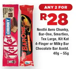 OK Foods Nestlé Aero Chunky, Bar-One, Smarties, Tex Large, Kit Kat 4-Finger or Milky Bar Chocolate Bar Asstd. offer