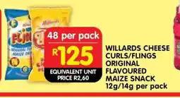 Shoprite WILLARDS CHEESE CURLS/FLINGS ORIGINAL FLAVOURED MAIZE SNACK 12g/14g per pack offer