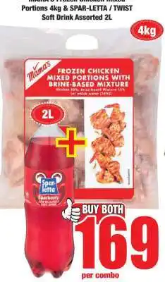 Boxer MAMA'S FROZEN CHICKEN MIXED Portions 4kg & SPAR-LETTA / TWIST Soft Drink Assorted 2L offer