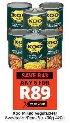 Checkers Koo Mixed Vegetables/Sweetcorn/Peas offer