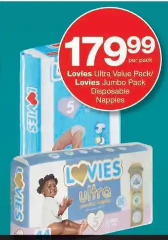 Checkers Lovies Ultra Value Pack/Jumbo Pack Disposable Nappies offer