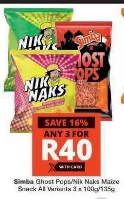 Checkers Simba Ghost Pops/Nik Naks Maize Snack offer