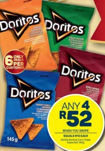 Pick n Pay Simba Doritos Corn Chips Assorted 145g offer