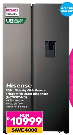 Game Hisense Side-by-Side Freezer Fridge with Water Dispenser offer