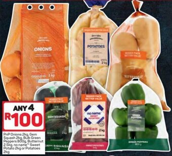 Pick n Pay PnP Onions 2kg, Gem Squash 2kg, Bulk Green Peppers 800g, Butternut 2.5kg, no name Sweet Potato 2kg or Potatoes 2kg offer