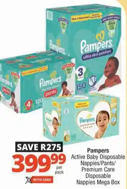 Checkers Pampers Active Baby Disposable Nappies/ Pants/ Premium Care Disposable Nappies Mega Box offer