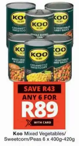 Checkers Hyper Koo Mixed Vegetables/ Sweetcorn/ Peas offer