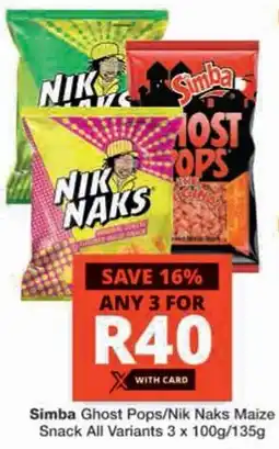 Checkers Hyper Simba Ghost Pops/ Nik Naks Maize Snack All Variants offer