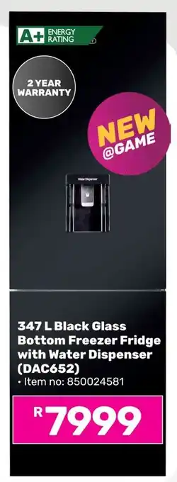 Game DEFY Black Glass Bottom Freezer Fridge with Water Dispenser offer