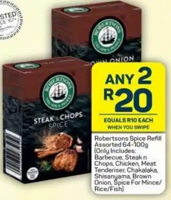 Pick n Pay Robertson Spice Refill Assorted 64-100g, Barbecue, Steak n Chops, Chickens, Meat Tenderiser, Chakalaka, Shisanyama offer