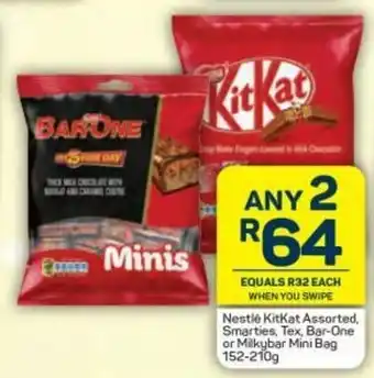 Pick n Pay Nestle Kitkat Assorted, Smarties, Tex, Bar-One or Milkybar Mini Bag 152-210g offer