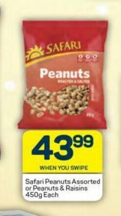 Safari Peanuts Assorted or Peanuts & Raisins 450g each