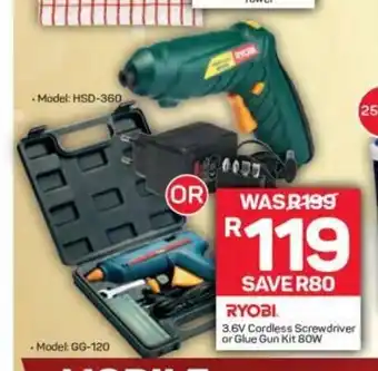 Pick n Pay Ryobi - 3.6V Cordless Screwdriver or Glue Gin Kit 80W offer