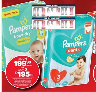 Pick n Pay Pampers Premium Care Value Pack and New Baby Jumbo Pack Disposable Nappies or Active Baby -Dry Disposable Nappies or Pants offer