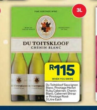 Pick n Pay Du Toitskloof Sauvignon Blanc, Pinotage Merlot Ruby Cabernet, Chenin Blanc, Cabernet Shiraz or Pinotage Rose 3 Litre each offer