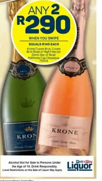 Pick n Pay Krone Cuvee Brut, Cuvee Brut Rose or Night Nectar Demi-Sec or ROse Methode Cap Classique 750ml offer
