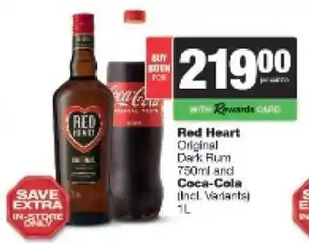 Spar Tops Red Heart Original Dark Rum 750ml and Coca-Cola 1L offer