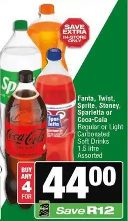 Spar Fanta, Twist, Sprite, Stoney, Sparletta or Coca-Cola Regular or Light Carbonated Soft Drinks Assorted offer