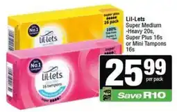 Spar Lil-Lets Super Medium Heavy, Super Plus or Mini Tampons offer