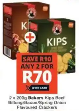 Checkers Bakers Kips Beef Biltong/ Bacon/ Spring Onion Flavoured Crackers offer
