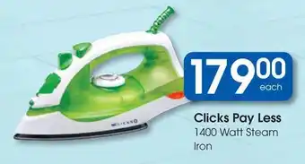 Clicks Clicks Pay Less 1400 Watt Steam Iron offer