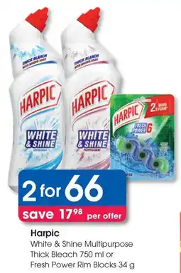 Clicks Harpic White & Shine Multipurpose Thick Bleach or Fresh Power Rim Blocks offer