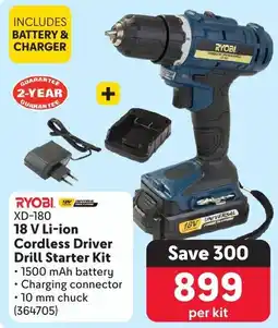 Makro RYOBI 18 V Li-ion Cordless Driver Drill Starter Kit offer