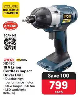 Makro RYOBI 18 V Li-ion Cordless Impact Driver Drill offer