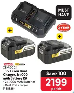 Makro Ryobi 18 V Li-ion Dual Charger, & 4000 mAh Battery Kit offer